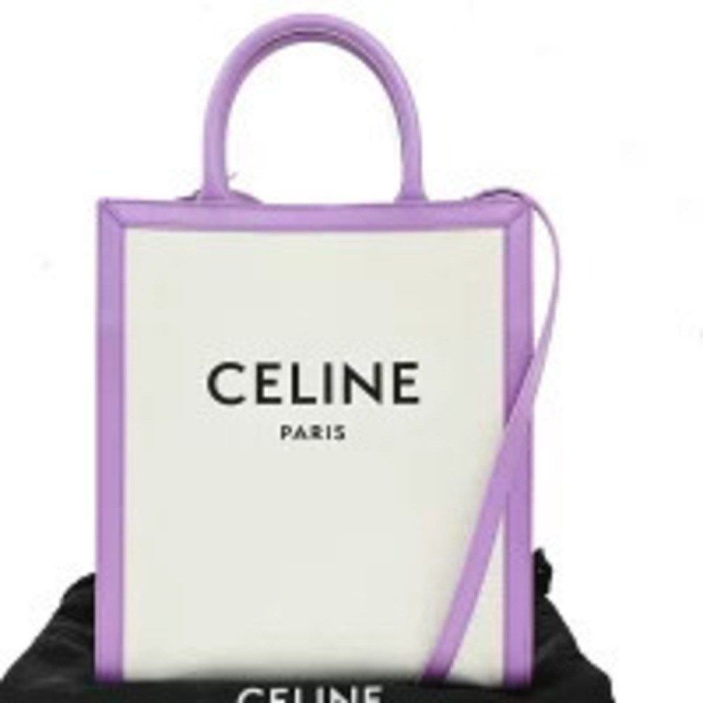 Celine Vertical Cabas Shoulder Bag Handbag Tote Canvas Leather Purple